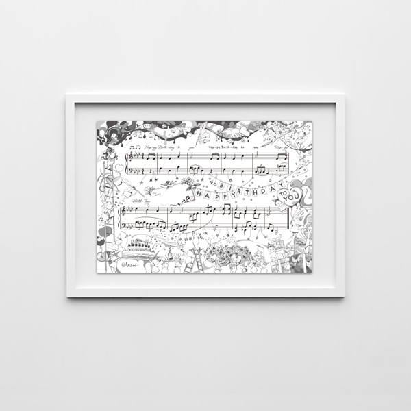 飾りたくなる楽譜　ハッピー・バースデー・トゥ・ユー（モノクロ）